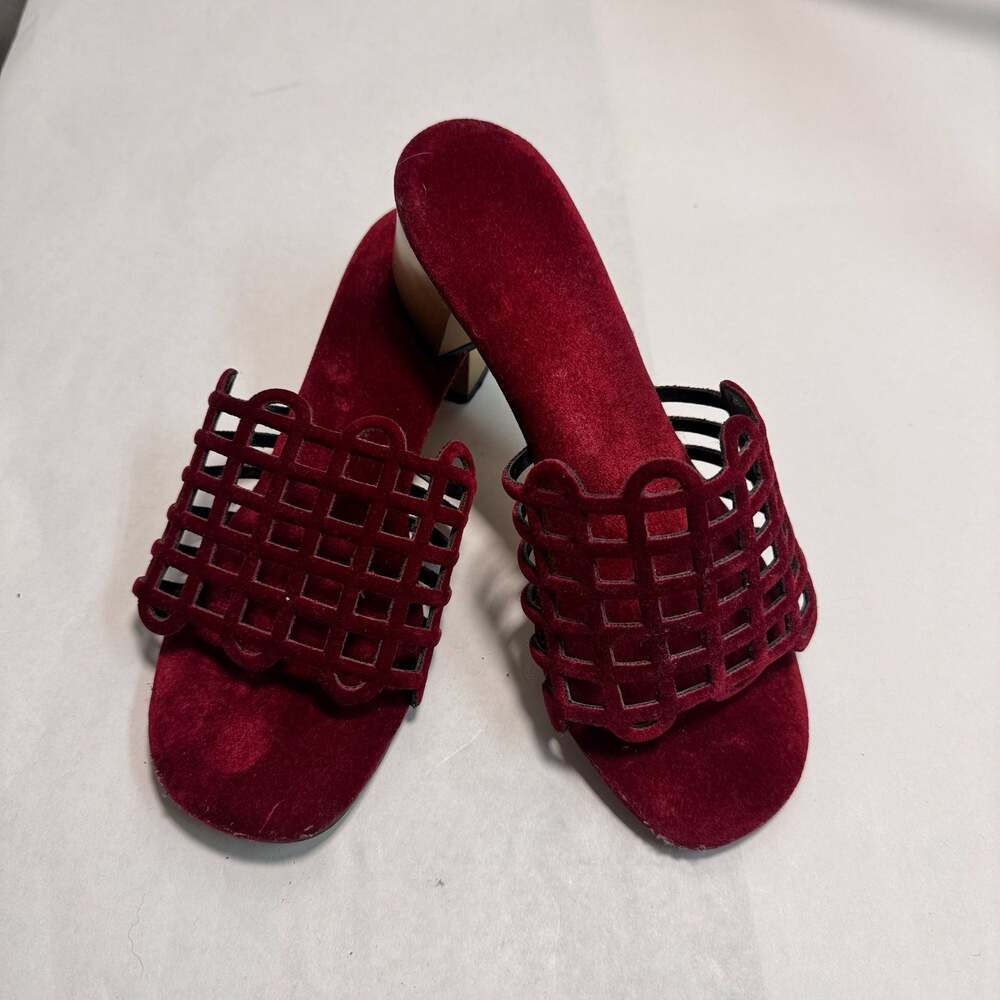 Red Velvet Lattice Cutout Block Heel Slide Sandals